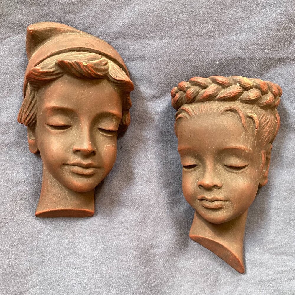 Vintage Achatit Pair Pottery Heads Masks Handarbeit 1950s Germany Hans Schirmer